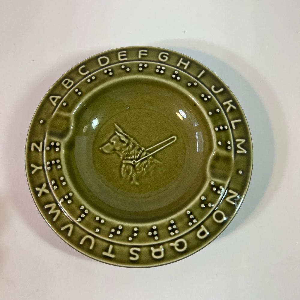 Vintage Braille Alphabet Guide Dog Ceramic Ashtray Olive Green German Shepherd
